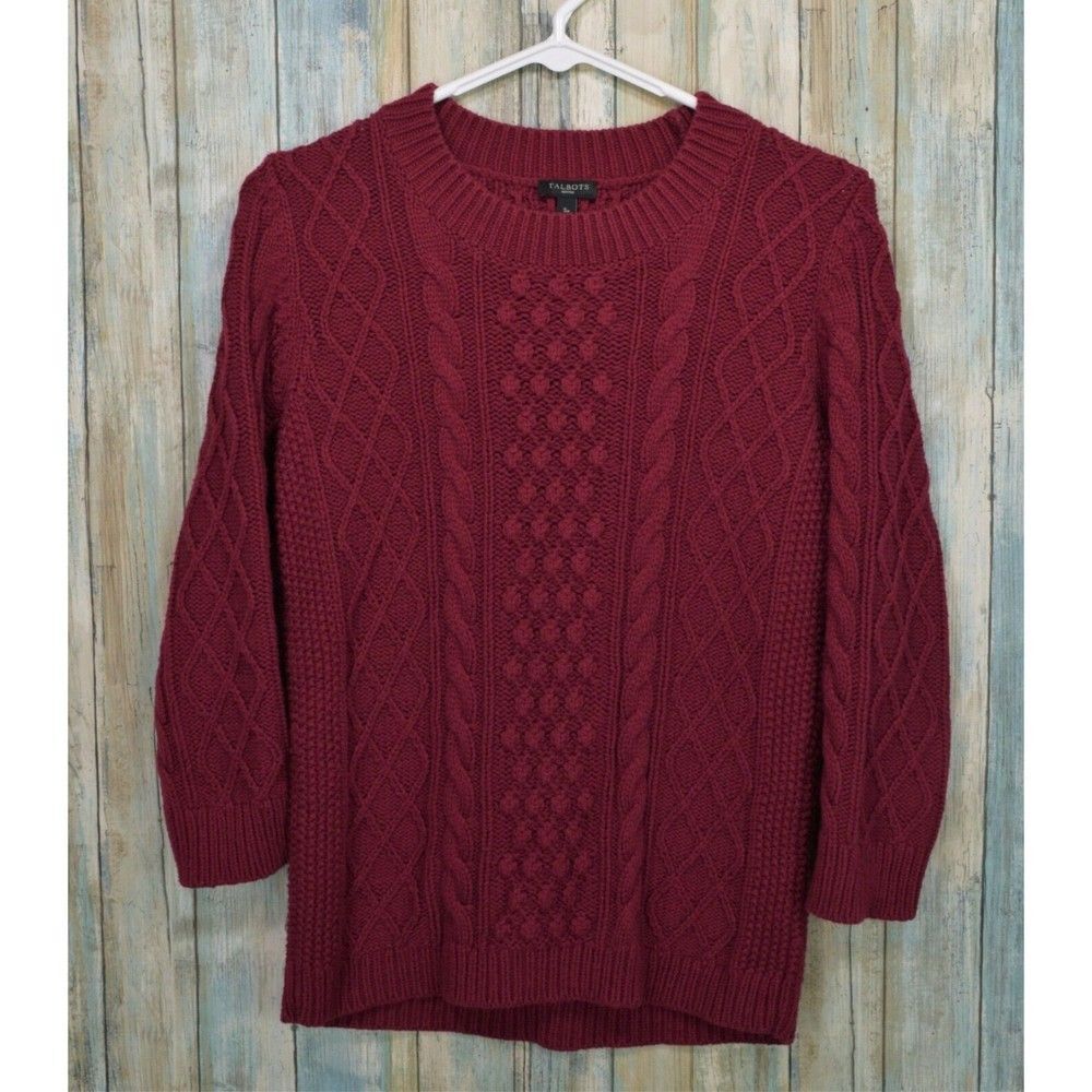 Talbots Petites Size S Maroon Red Chunky Cable Knit Sweater Wool 3/4 Sleeve